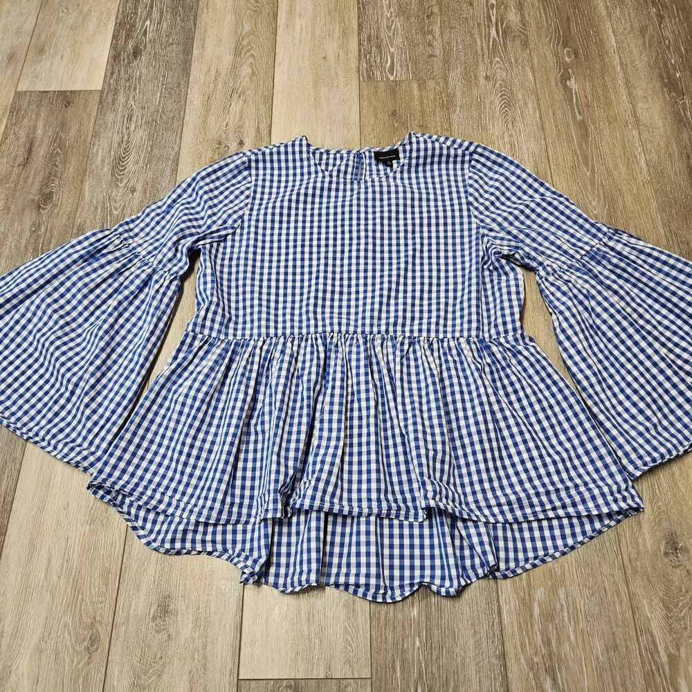 WHO WHAT WEAR Gingham Bell Sleeve Peplum Long Sleeve Blouse Top Women's Medium